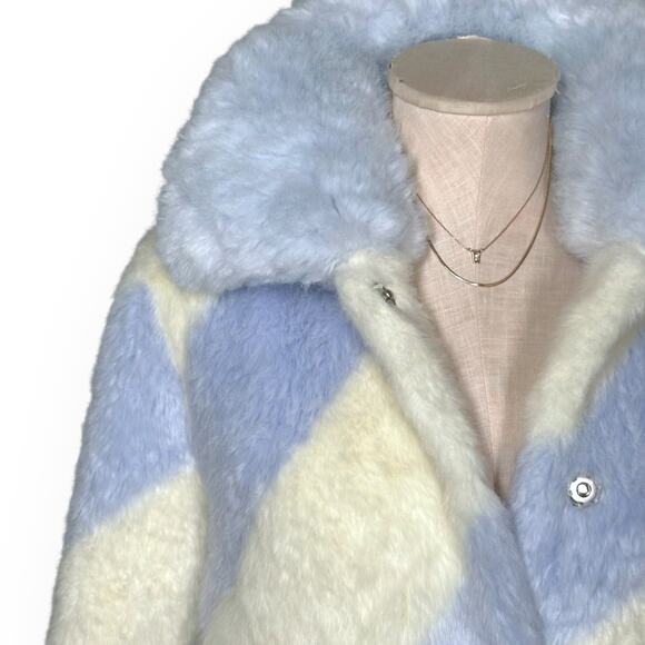 ANTHROPOLOGIE Stripe Faux Fur Coat Jacket Whimsical Gorpcore Glam Blue Ivory - Picture 7 of 15